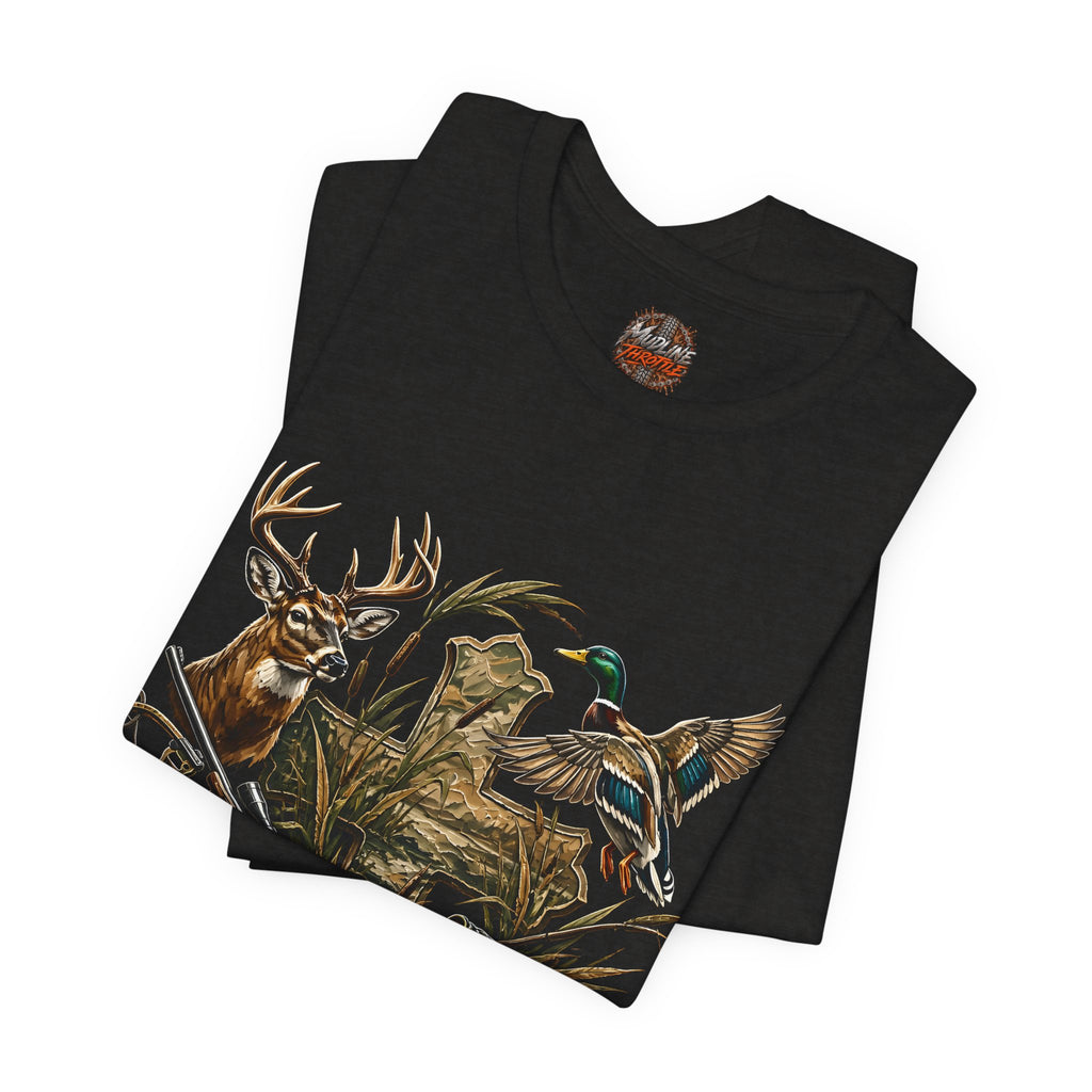 Outdoor Hunting & Fishing T-Shirt — Deer, Duck & Bass Graphic