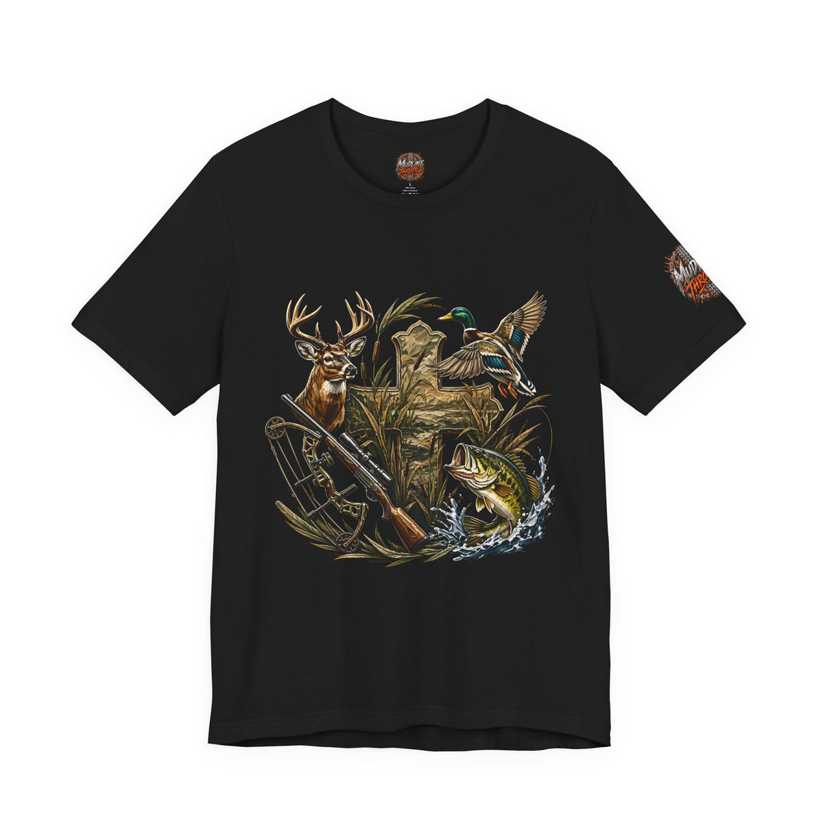 Outdoor Hunting & Fishing T-Shirt — Deer, Duck & Bass Graphic