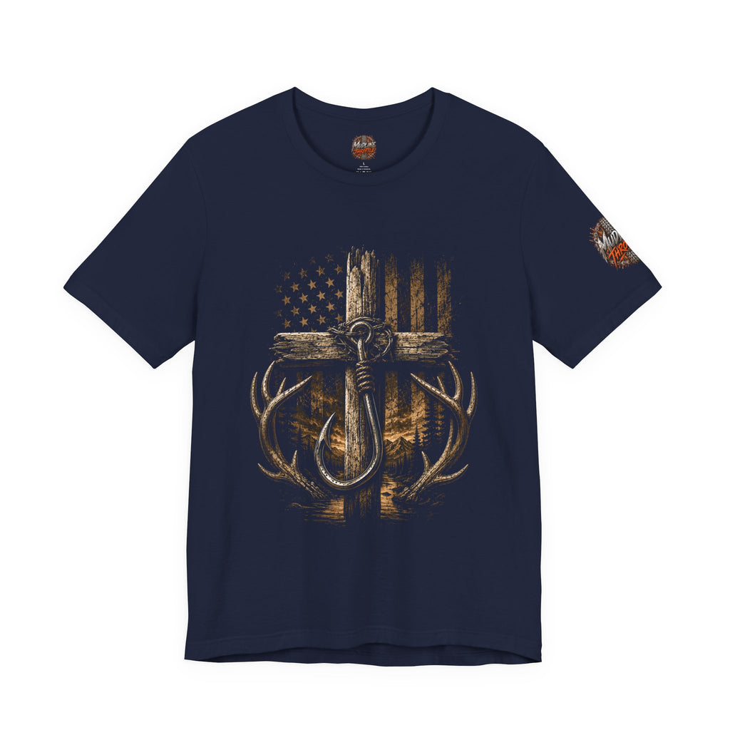 Hunting Cross & Antlers T-Shirt — American Flag Rustic Outdoors Tee