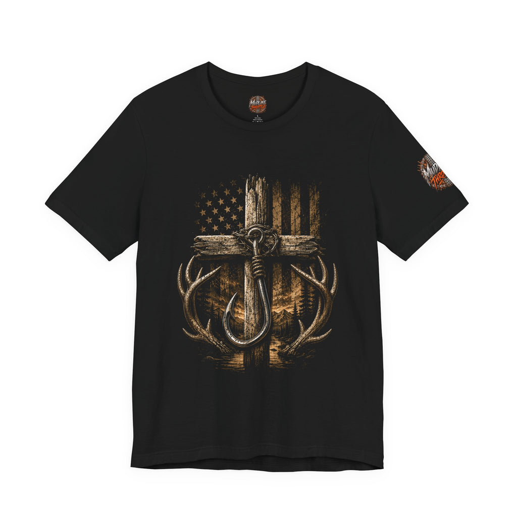Hunting Cross & Antlers T-Shirt — American Flag Rustic Outdoors Tee