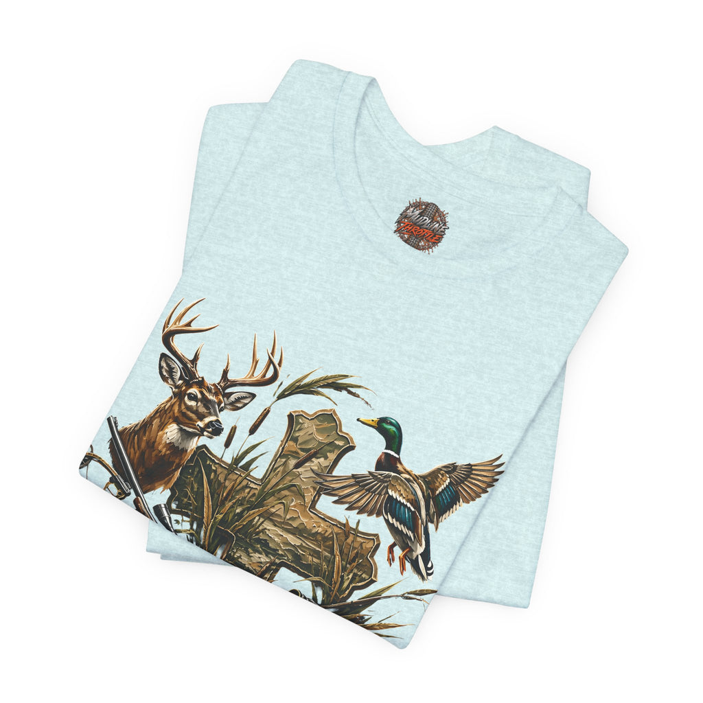 Outdoor Hunting & Fishing T-Shirt — Deer, Duck & Bass Graphic