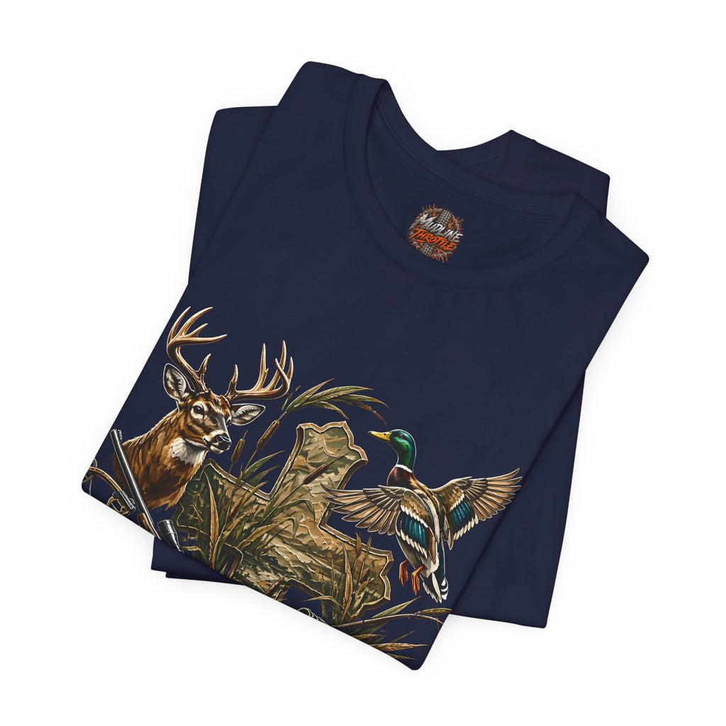 Outdoor Hunting & Fishing T-Shirt — Deer, Duck & Bass Graphic
