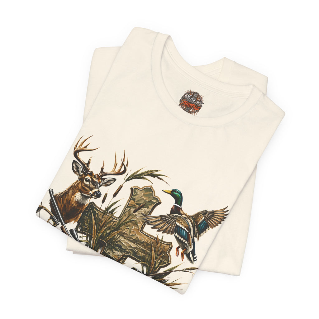 Outdoor Hunting & Fishing T-Shirt — Deer, Duck & Bass Graphic