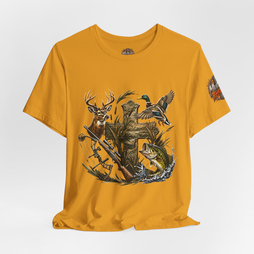 Outdoor Hunting & Fishing T-Shirt — Deer, Duck & Bass Graphic
