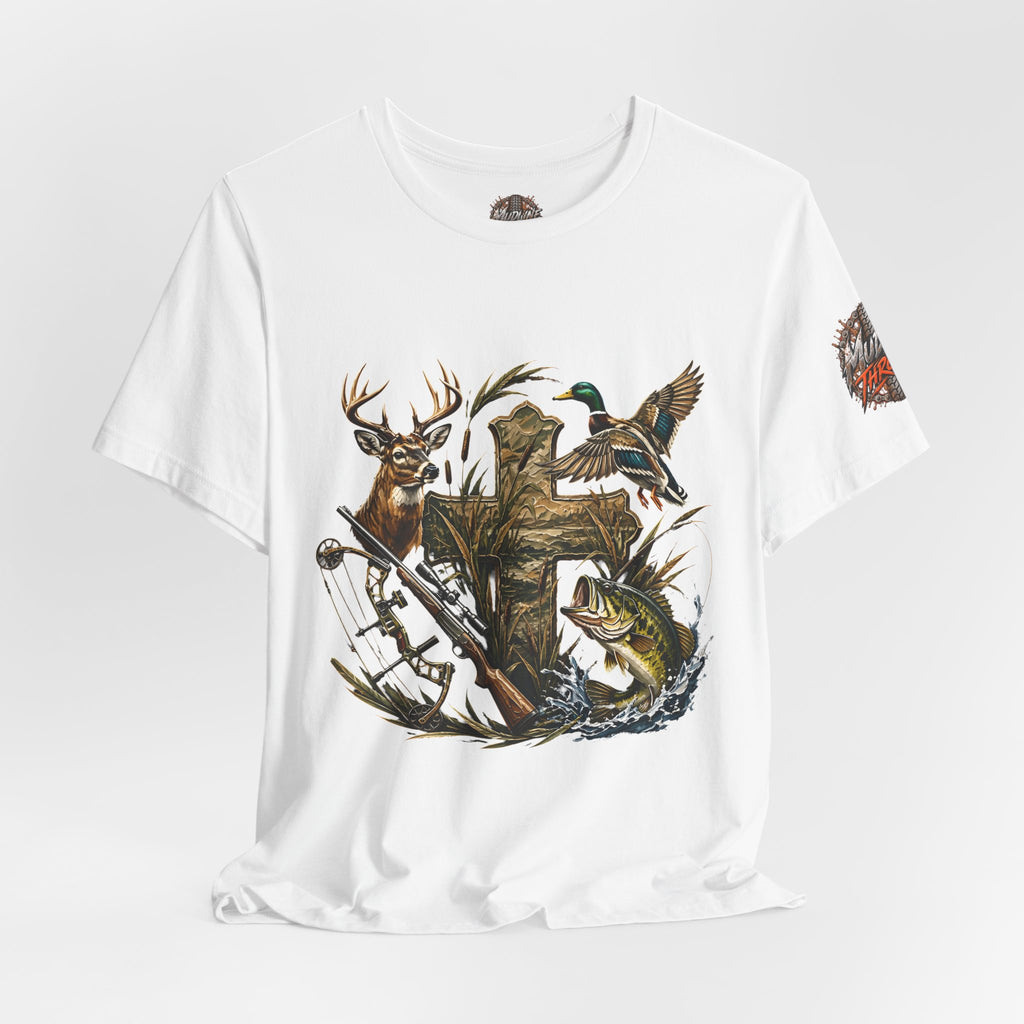 Outdoor Hunting & Fishing T-Shirt — Deer, Duck & Bass Graphic