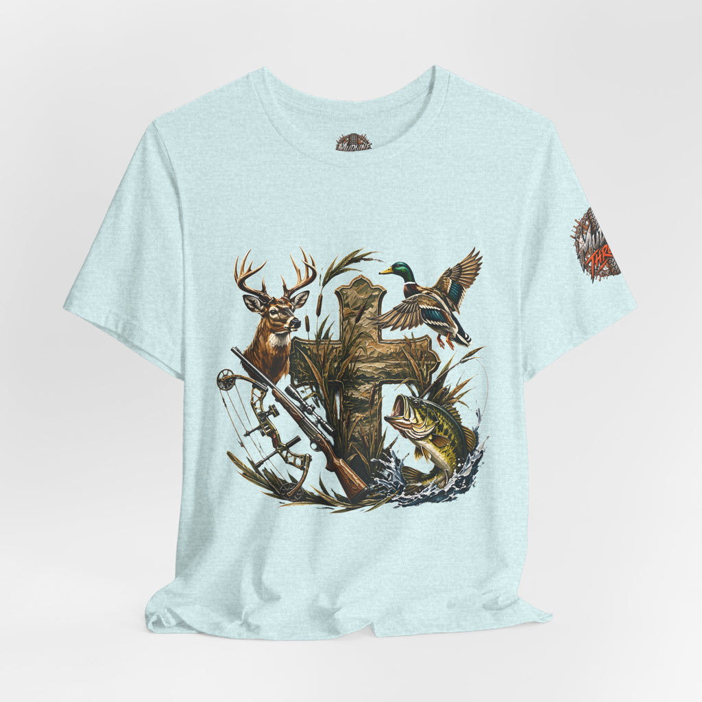 Outdoor Hunting & Fishing T-Shirt — Deer, Duck & Bass Graphic