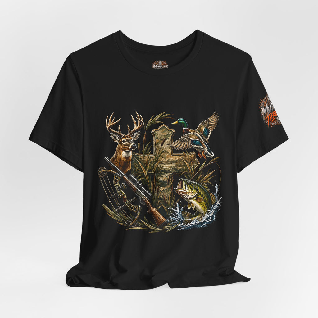 Outdoor Hunting & Fishing T-Shirt — Deer, Duck & Bass Graphic
