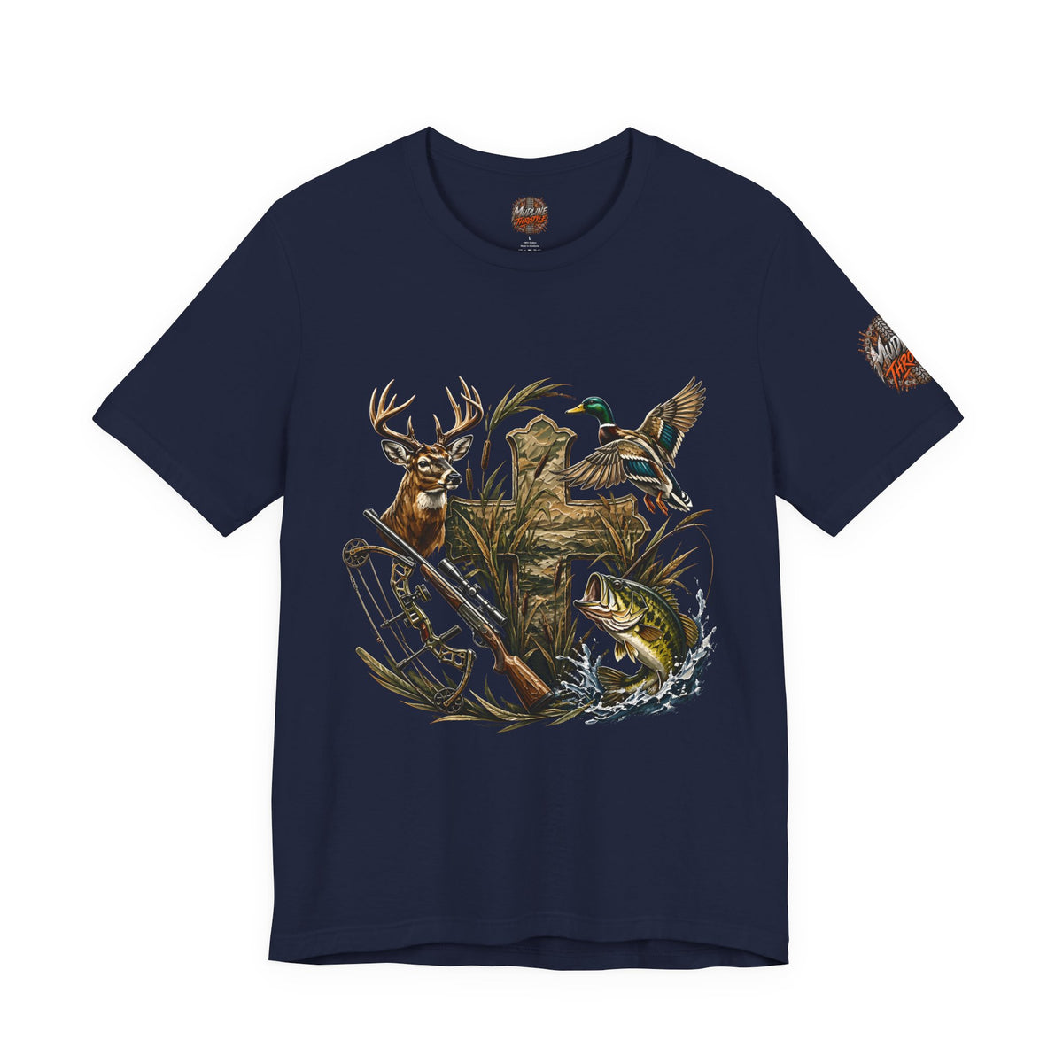Outdoor Hunting & Fishing T-Shirt — Deer, Duck & Bass Graphic