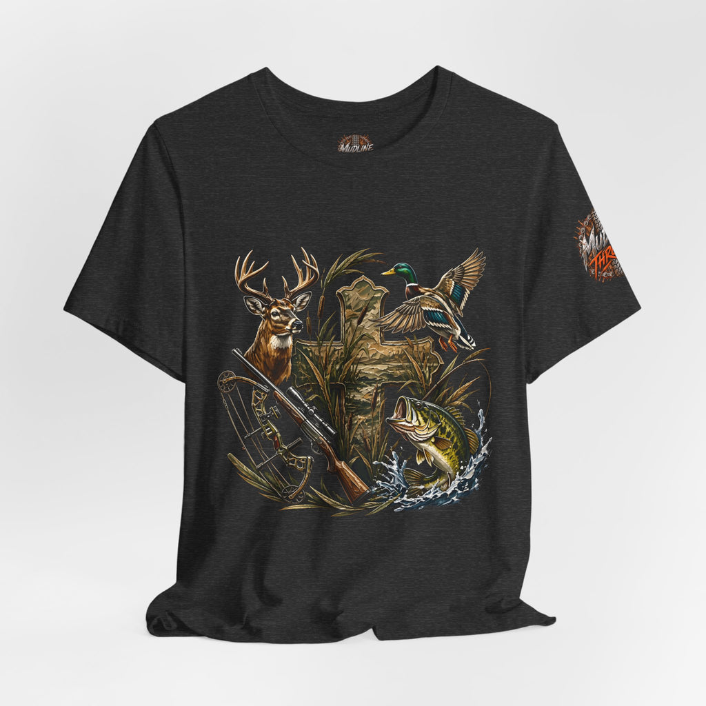 Outdoor Hunting & Fishing T-Shirt — Deer, Duck & Bass Graphic