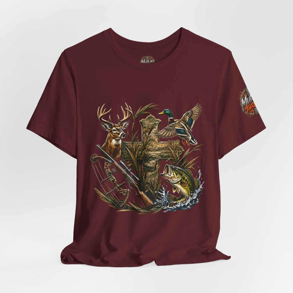 Outdoor Hunting & Fishing T-Shirt — Deer, Duck & Bass Graphic