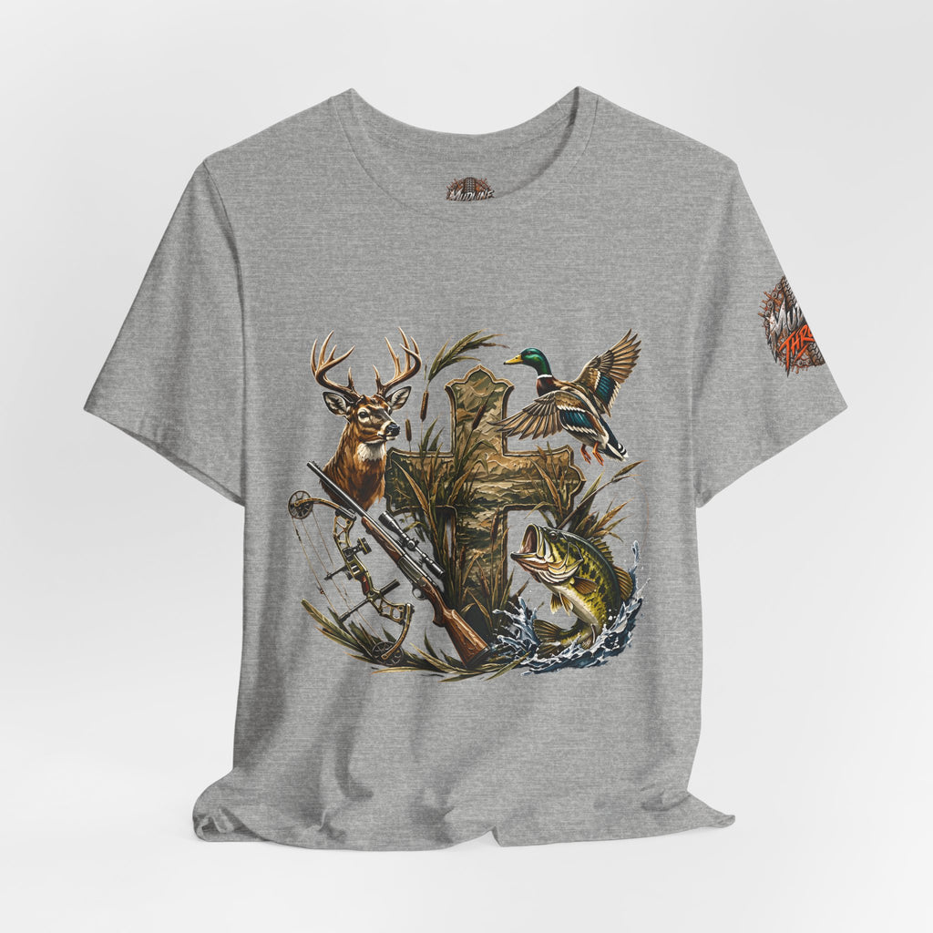 Outdoor Hunting & Fishing T-Shirt — Deer, Duck & Bass Graphic