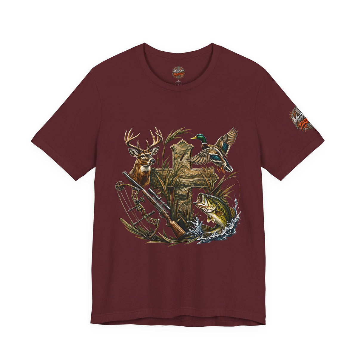 Outdoor Hunting & Fishing T-Shirt — Deer, Duck & Bass Graphic