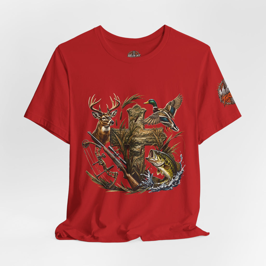 Outdoor Hunting & Fishing T-Shirt — Deer, Duck & Bass Graphic