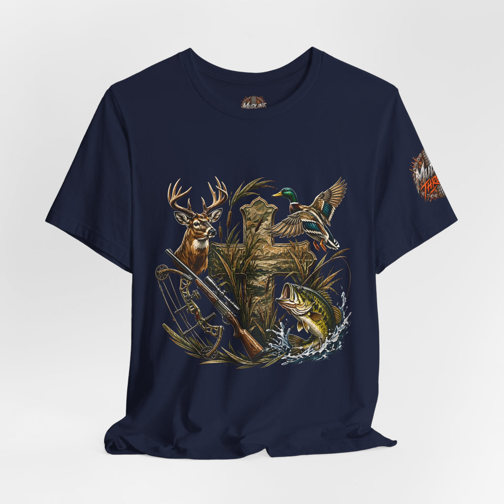 Outdoor Hunting & Fishing T-Shirt — Deer, Duck & Bass Graphic