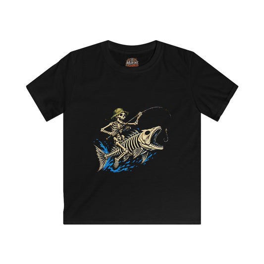 Kids Tee — Skeleton Fisher Riding Giant Fish Graphic