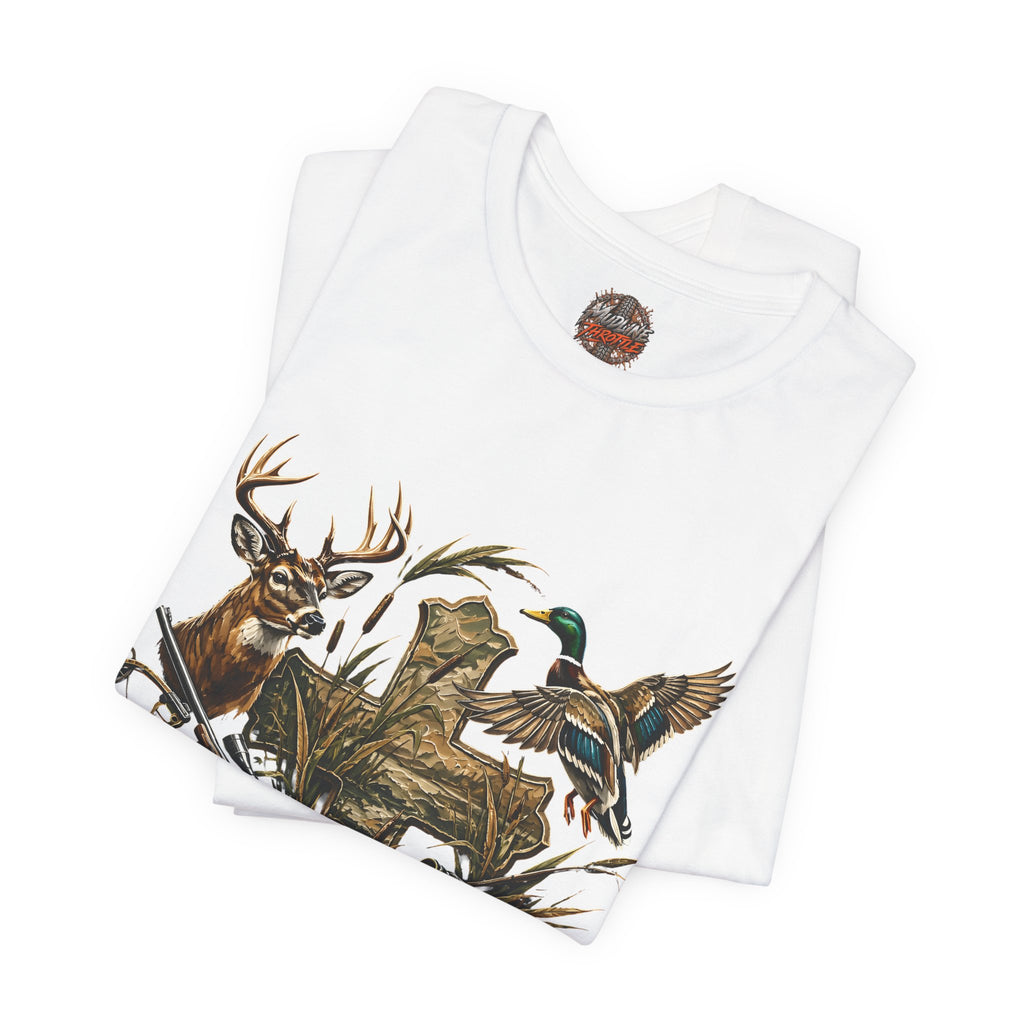 Outdoor Hunting & Fishing T-Shirt — Deer, Duck & Bass Graphic