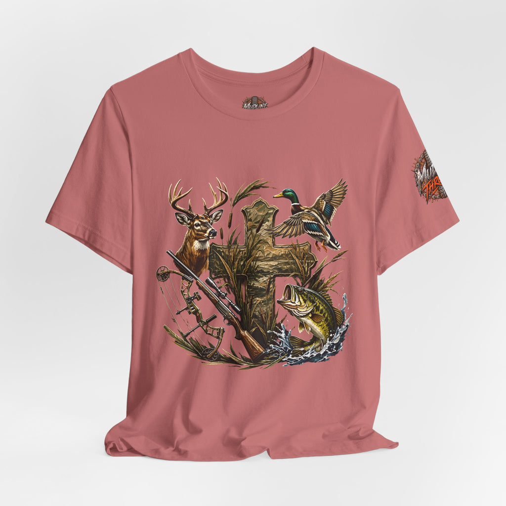 Outdoor Hunting & Fishing T-Shirt — Deer, Duck & Bass Graphic